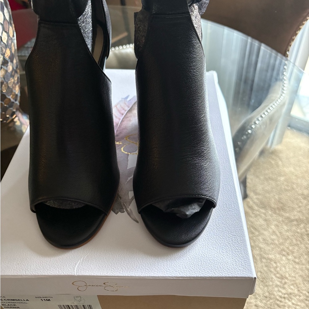 Black Peep-Toe Ankle Boots